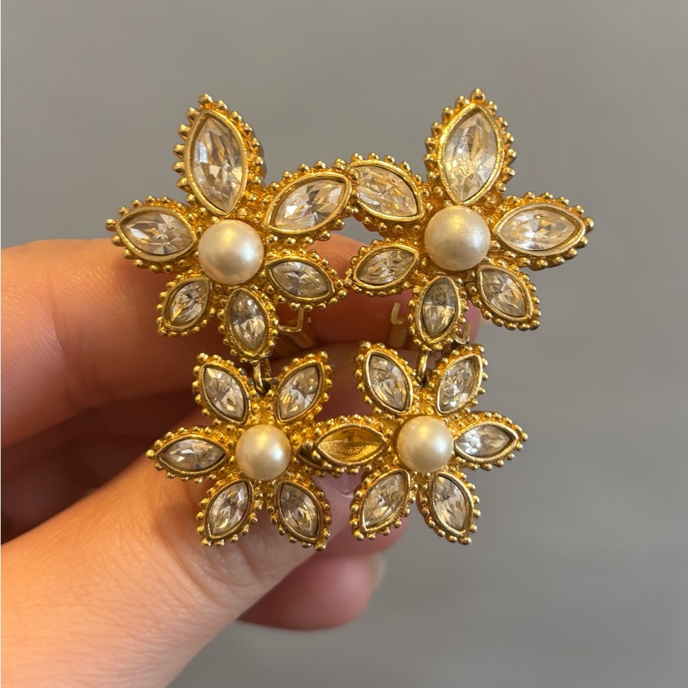 Vintage Christian Dior Clip On Rhinestone Flower Earrings